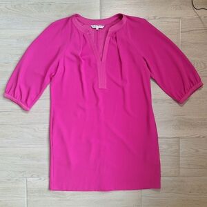 Trina Turk Fushia Hot Pink V-neck 3/4 Sleeved Flowy Preppy Classic Dress - Large